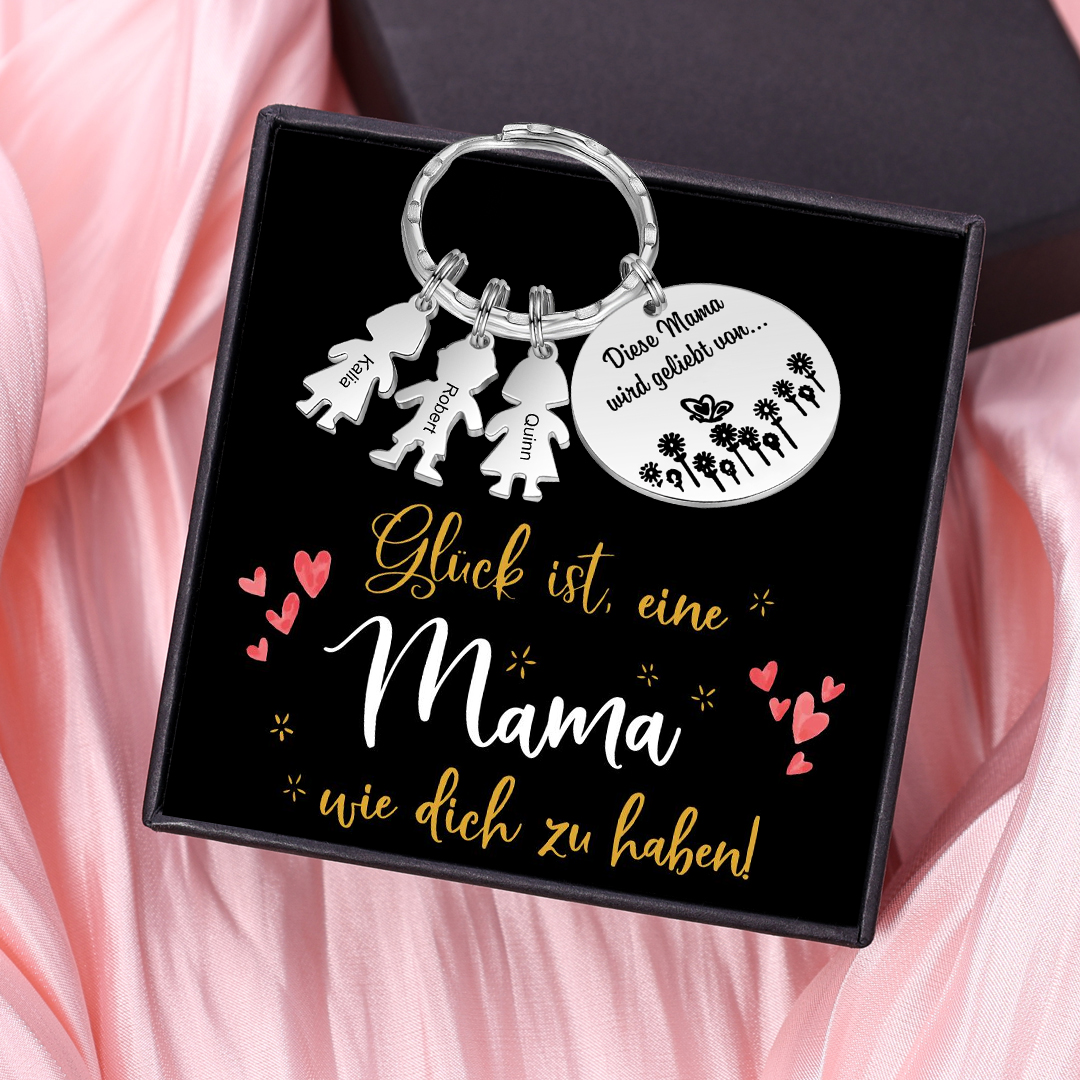 Personalisierte 3 Namen Rund Edelstahl Schlüsselanhänger-Diese Mama wird geliebt von-Geschenk mit Nachrichtenkarte