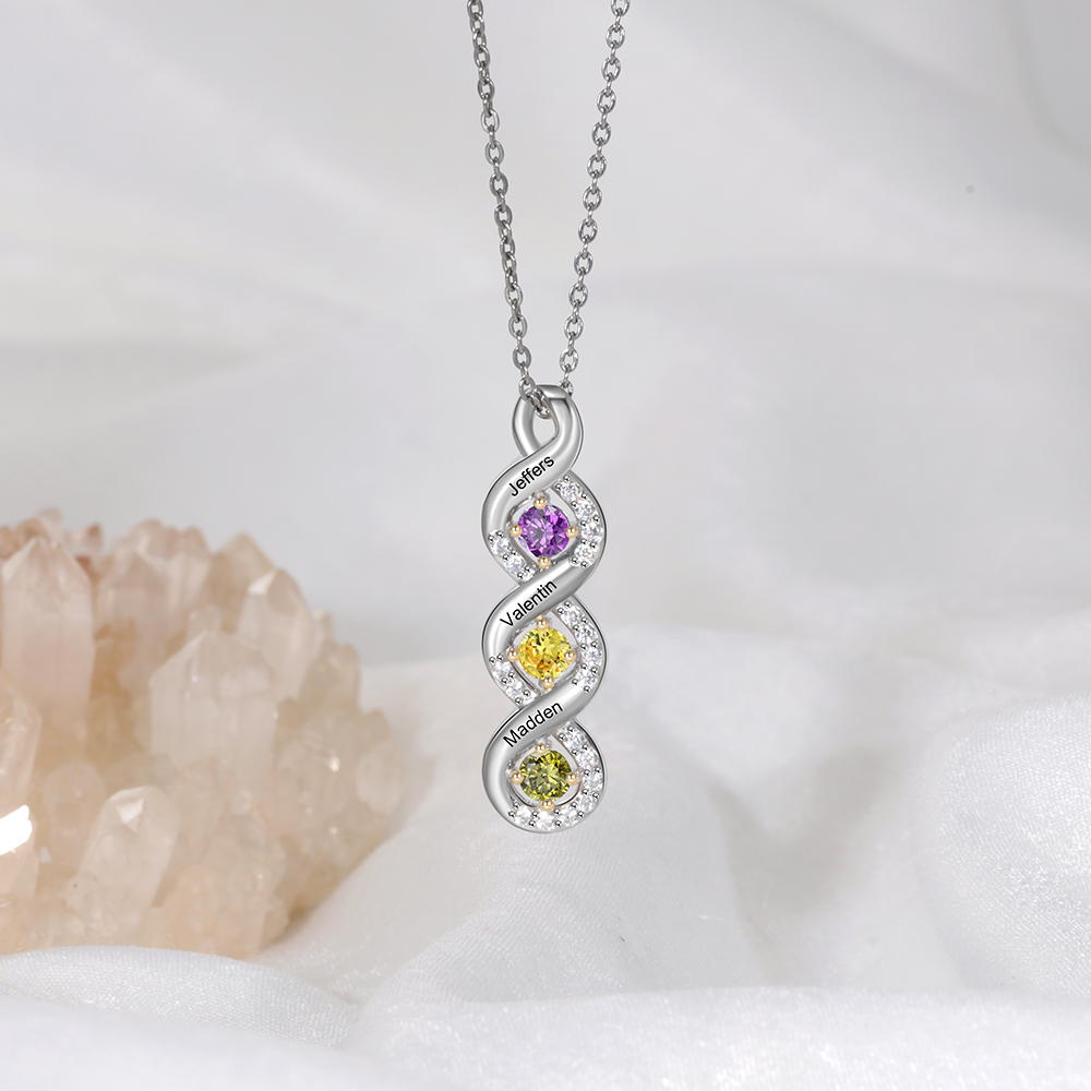 S925 Silber Gravur 3 Namen Infinity Halskette mit 3 Geburtssteinen