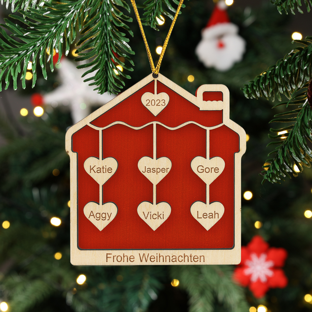 Holz Personalisierte 6 Namen & Text & Jahr Herz Hausform Weihnachtsornament 