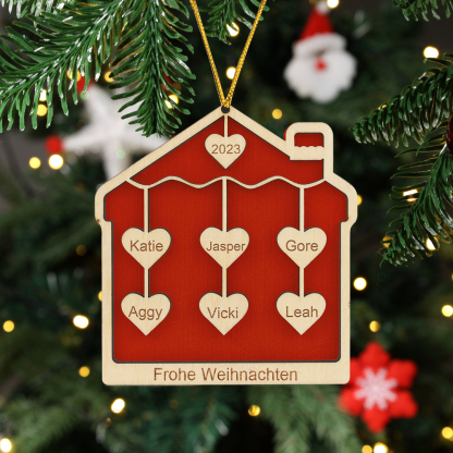 Holz Personalisierte 6 Namen & Text & Jahr Herz Hausform Weihnachtsornament 