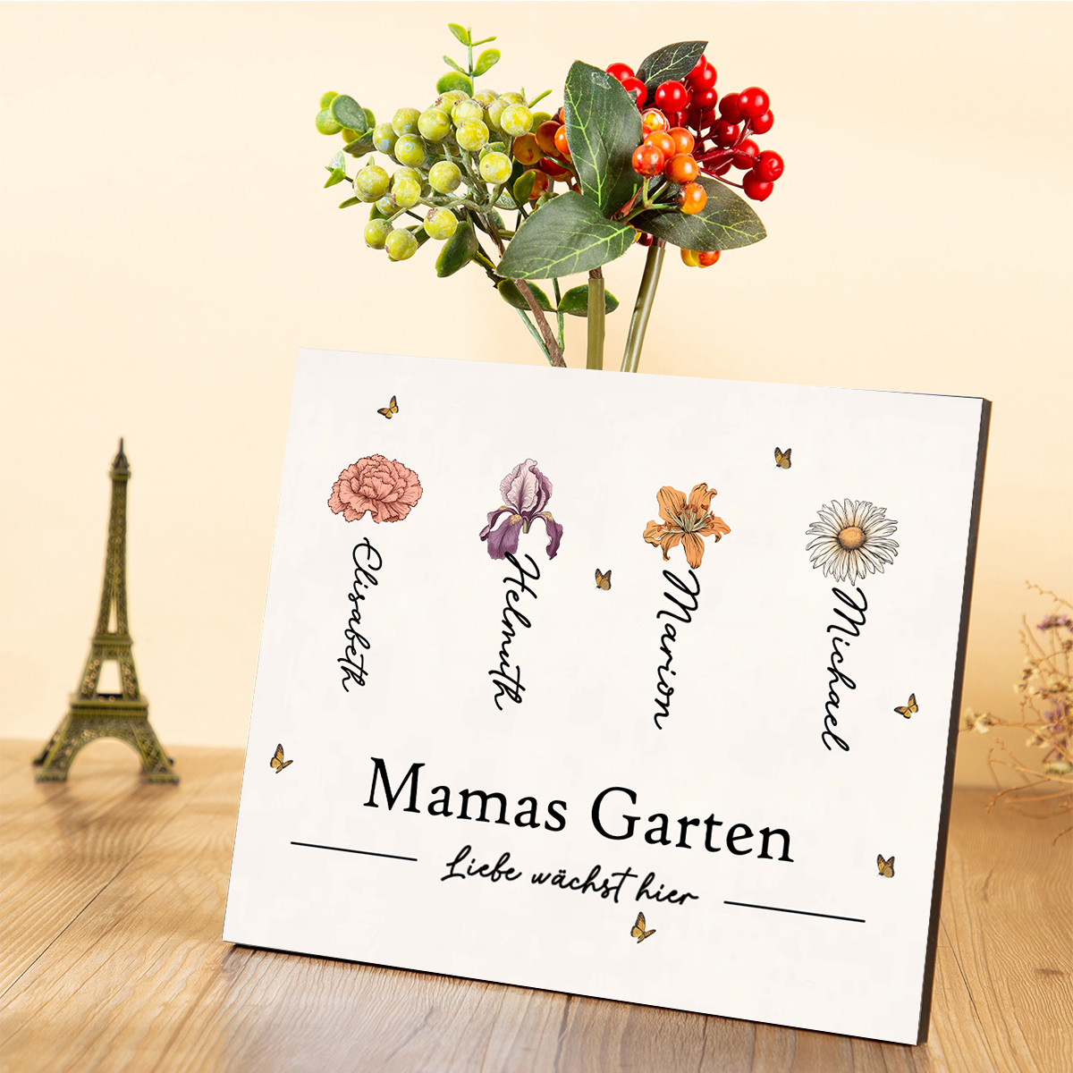 Familie Holzbild-Personalisierter Text & 1-12 Namen & Gebursblumen Liebe wächst hier Holzdekoration-Geschenk für Mutter/Großmutter