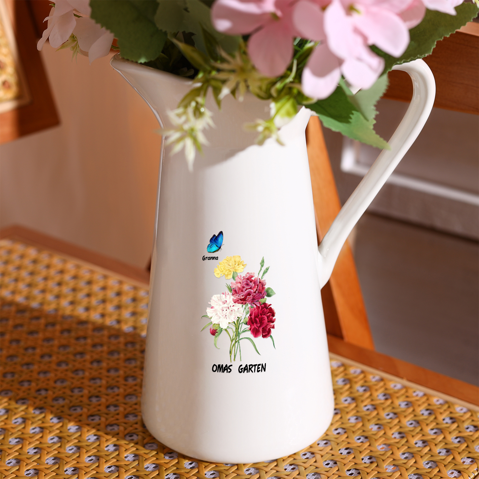 Personalisiertet 1 Name & Text Blumen & Schmetterling Gießvase mit Henkel Familie Vase