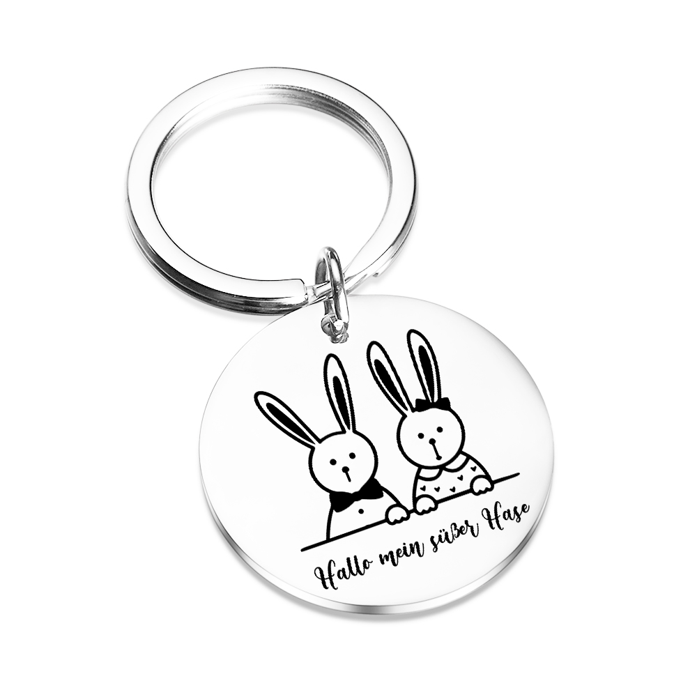 Personalisierbarer Text Rund Metall Hase Schlüsselanhänger für Paar