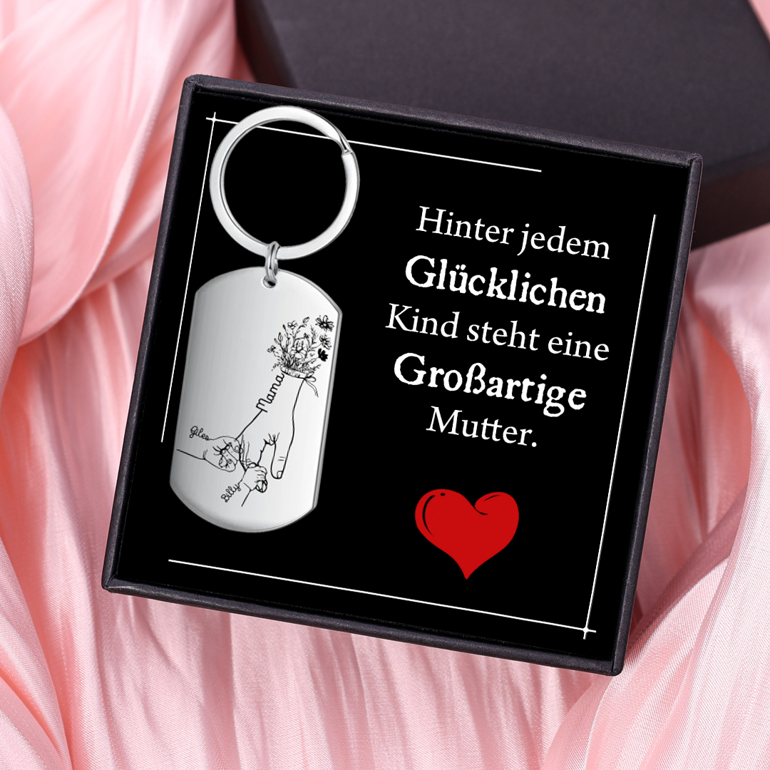 Personalisierbare 3 Namen Blume Hand Familie Schlüsselanhänger-Hinter jedem Glücklichen Kind steht eine Großartige Mutter-Geschenk mit Nachrichtenkarte