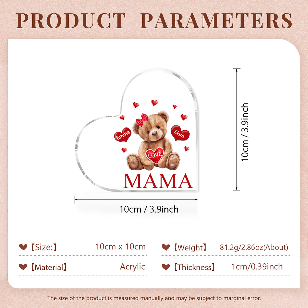 Personalisierte 2 Namen & Text Teddybär Herz Familie Acryl-Deko Schreibtischdekoration für Mutter