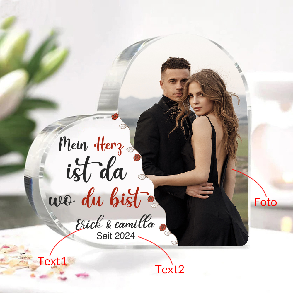 Personalisierte 2 Texte & Foto Acryl-Deko-Mein Herz ist da, wo du bist-Schreibtischdekoration für Paar