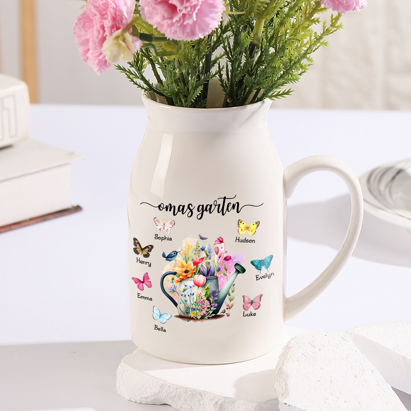 Personalisierte 7 Namen & Text Bewässerungskanne Familie Vase