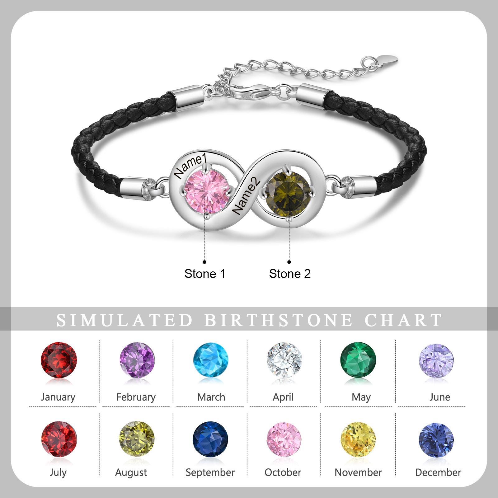 Personalisierte 2 Namen & 2 Geburtssteine Infinity Handseil Armband