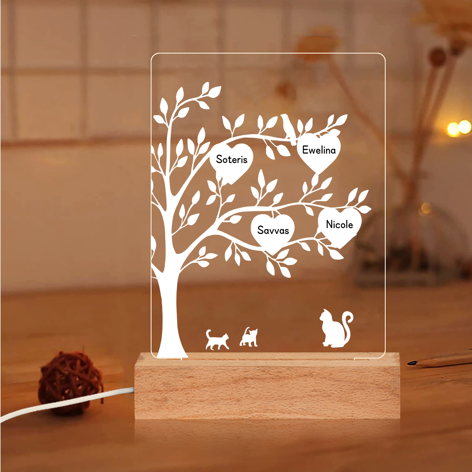 Personalisierte 4 Namen Familienbaum & Katze Nachtlicht Geschenk für Großmutter/Mutter zum Muttertag