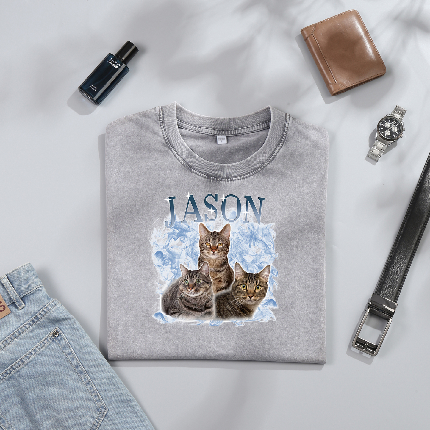 Personalisierte 3 Namen & 3 Fotos Haustier Herren Kurzarm T-Shirt