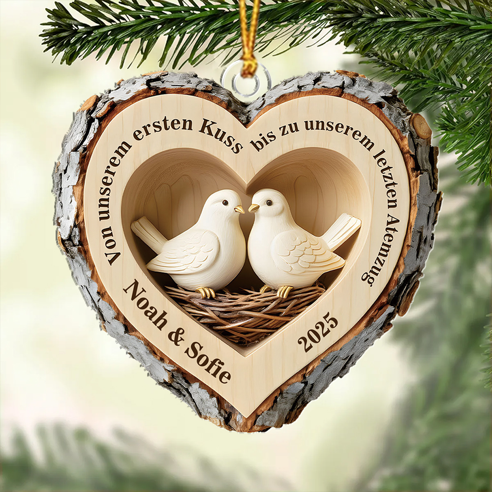 Personalisiert Rustikales Holz-Herz Weihnachtsanhänge mit Tauben und Vogelnester——“Von ersten Kuss bis latzten Atemzug”