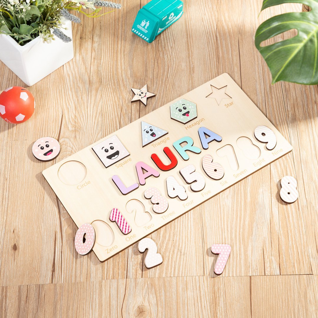 Personalisiertes Name Ziffer & Geometrie Holz Puzzle Geschenk für Vorschulkinder