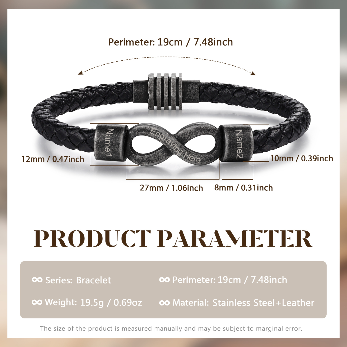 Herren Personalisierte 2 Namen & Text Leder Infinity-Armband mit Vintage Edelstahl Perle-Geschenk mit Nachrichtenkarte für Mann/ Freund