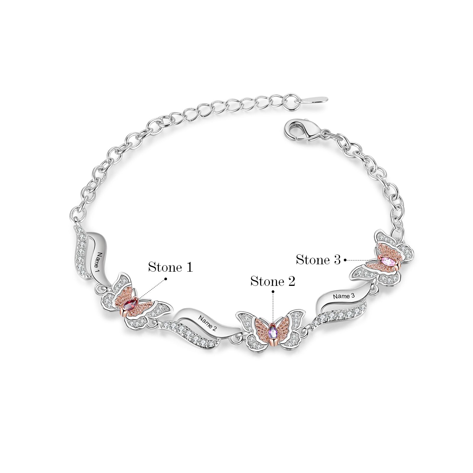 Personalisierte 3 Namen & 3 Geburtssteine Schmetterling Armband mit Zirkonia
