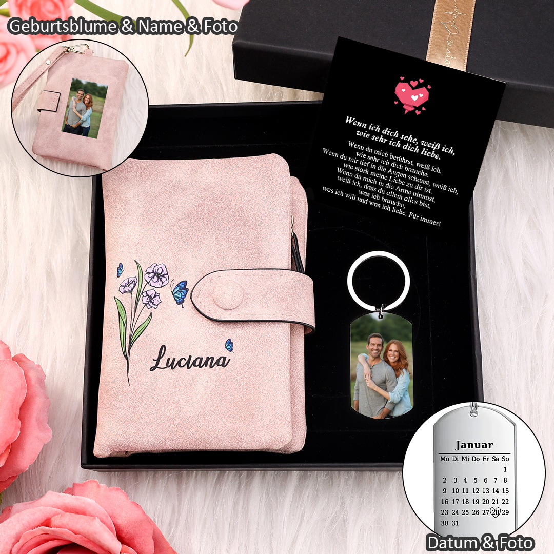 Personalisierter 1 Name & Geburtsblume & Foto Geldbörse & Foto & Datum Schlüsselanhänger Geschenkpackung Geschenkset mit Karte für Frau Freundin