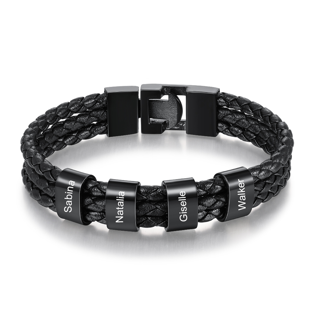 Herren Gravur 1-8 Namen Perlen Dreifach Geflochtenes Leder Armband