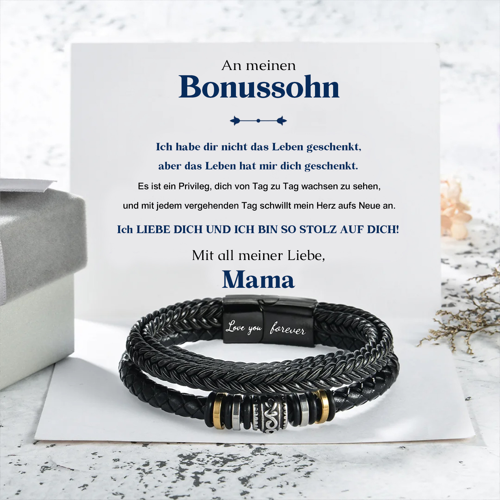 Herren Leder Armband-An meinen Bonussohn ich bin so stilz auf dich-Geschenk mit Nachrichtenkarte