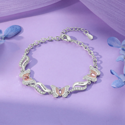 Personalisierte 3 Namen & 3 Geburtssteine Schmetterling Armband mit Zirkonia
