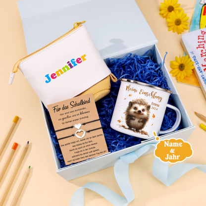 Schulanfang Geschenkset-Personalisierter Name & Jahr Igel Emaille Tasse & Personalisierter Name Stifteetui & Herz Armbänder Set - Geschenk für Schulkind mit Geschenk Box