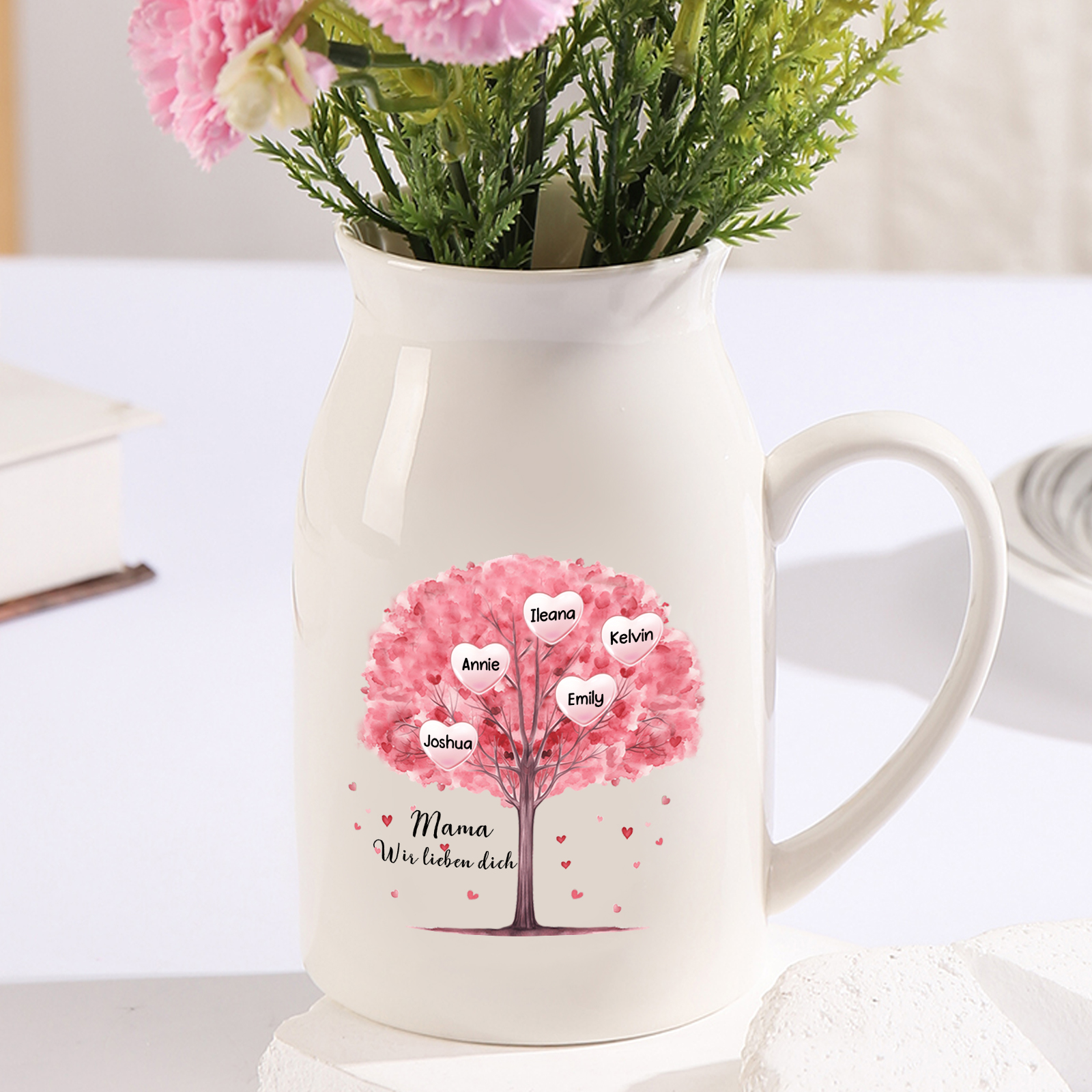 Personalisierte 5 Namen & Text Rosa Familienbaum Familie Vase