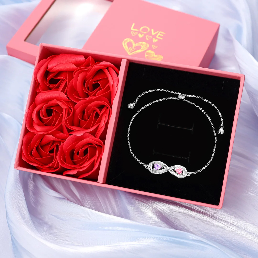 Infinity-Armband personalisiert mit 2 Namen & Geburtssteinen – verstellbar