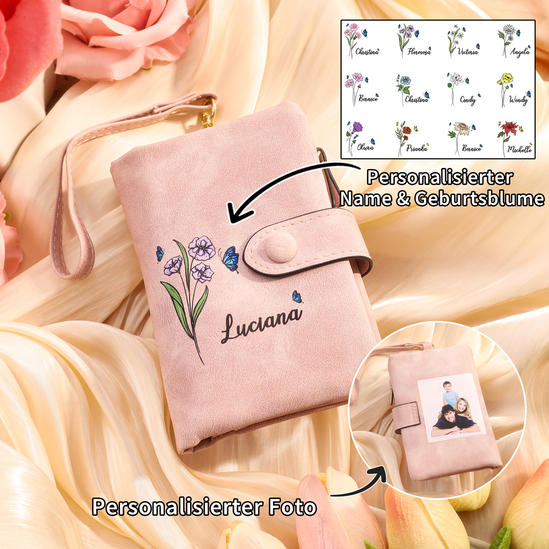 Personalisierter 1 Name & Geburtsblume & Foto Geldbörse & 2 Namen & Foto Schlüsselanhänger Geschenkpackung Geschenkset mit Karte für Frau Freundin