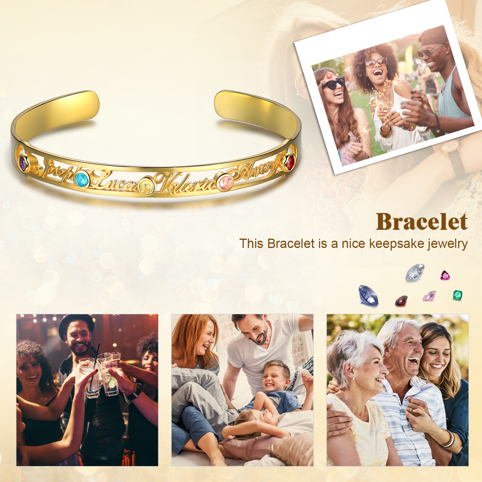 Gravur 4 Namen Golden Armband mit 5 Geburtssteinen