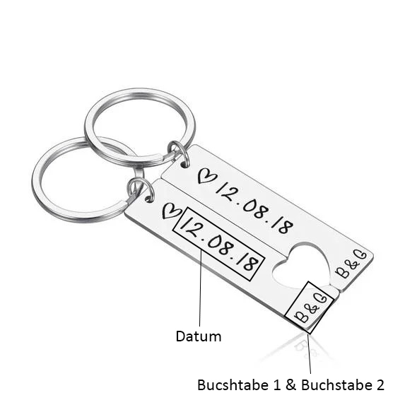 Personalisierbar 2 Buchstaben & Datum- Metall Paar Schlüsselanhänger