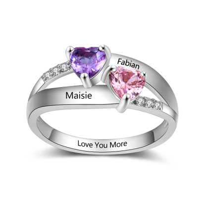 925 Sterling Silber Ring mit 2 Namen und 2 Geburtssteinen mit Gravuren