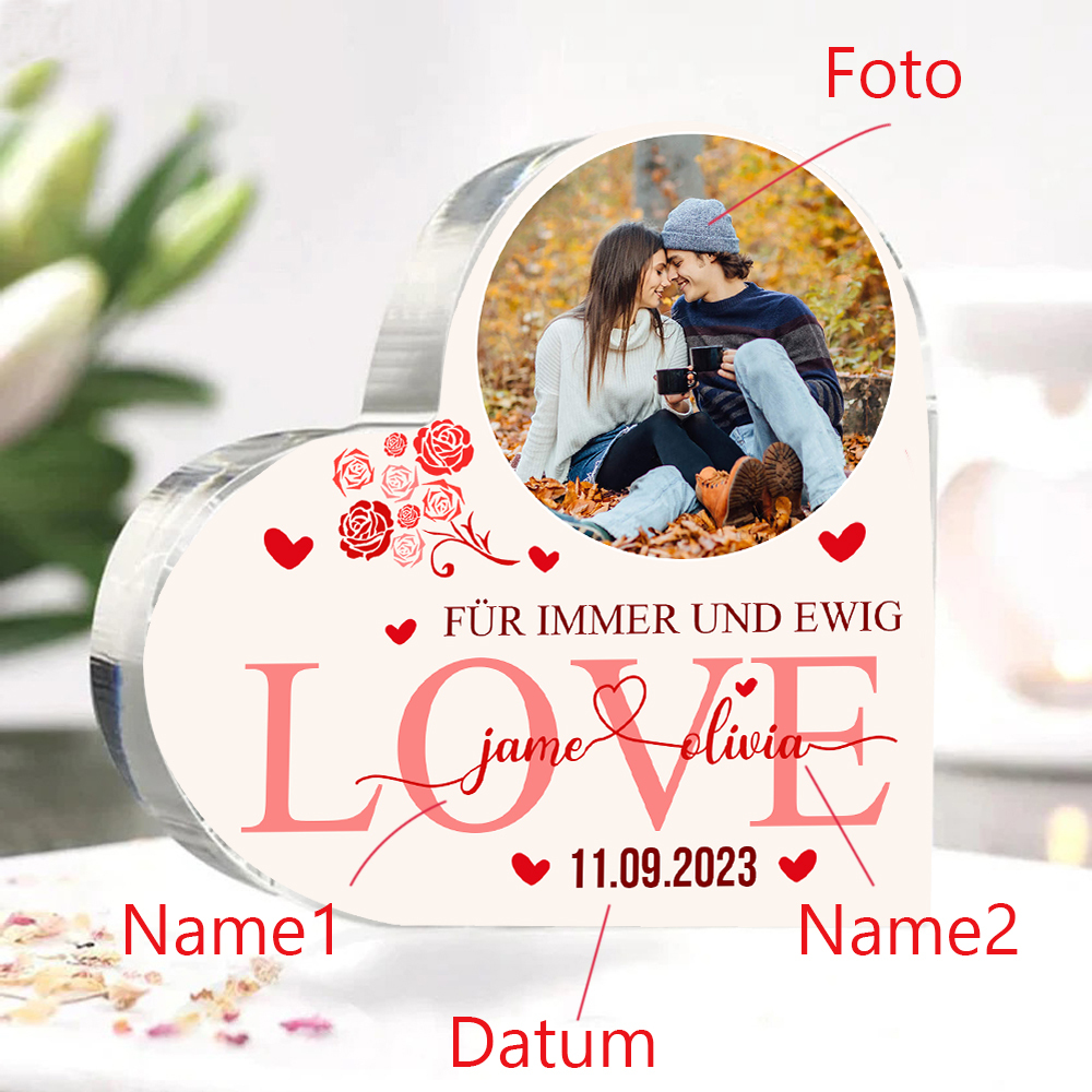 Personalisiertes Foto & 2 Namen & Datum Acryl-Deko-Schreibtischdekoration für Paar