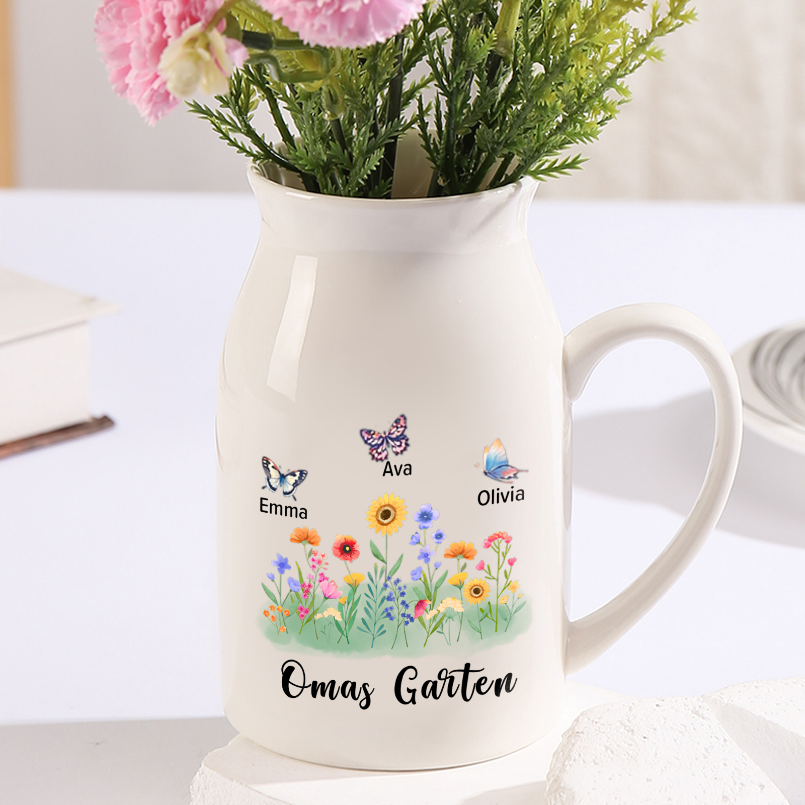 Personalisierte 3 Namen & Text Blumen & Schmetterling Familie Vase