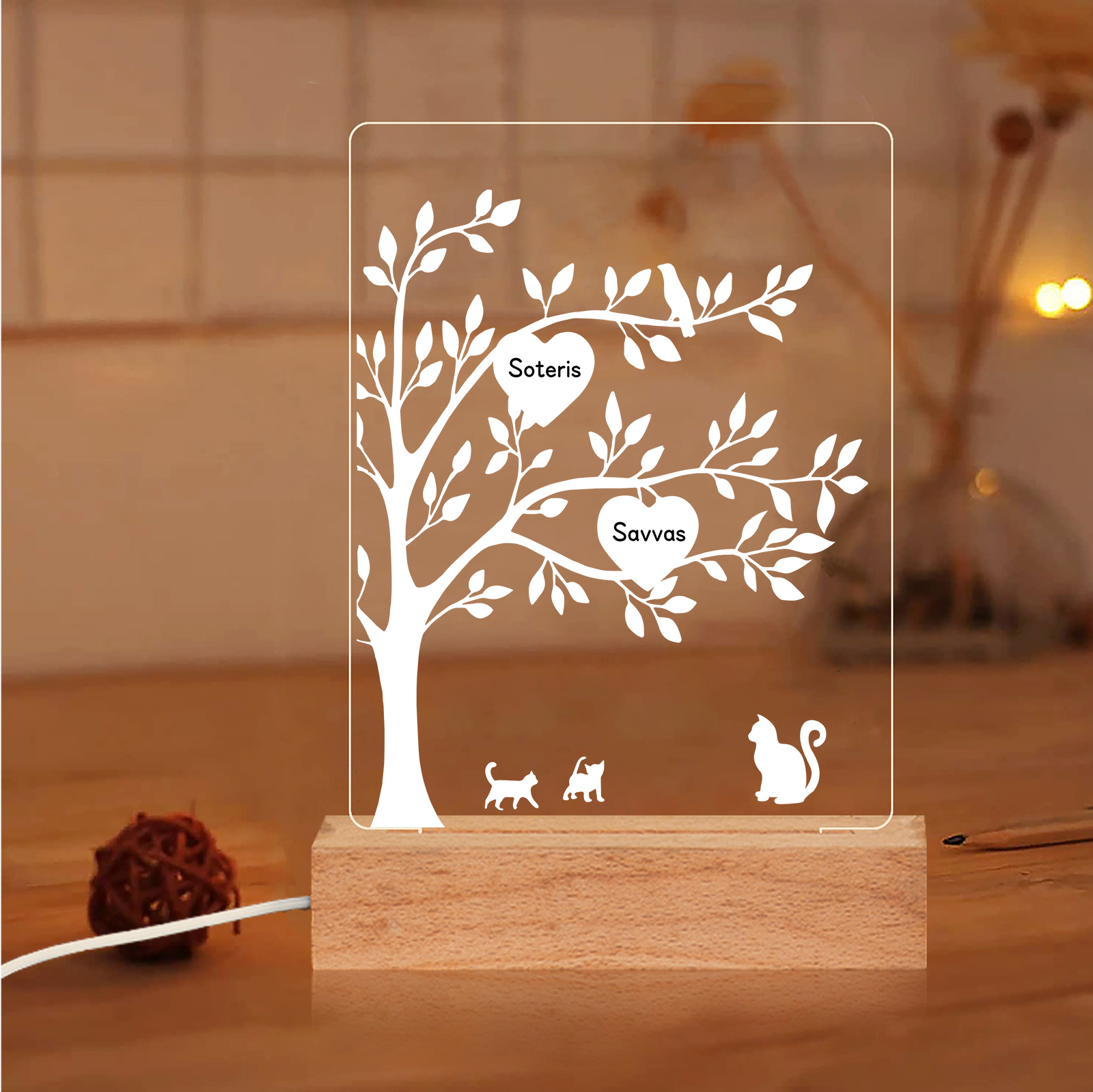 Personalisierte 2 Namen Familienbaum & Katze Nachtlicht Geschenk für Großmutter/Mutter zum Muttertag