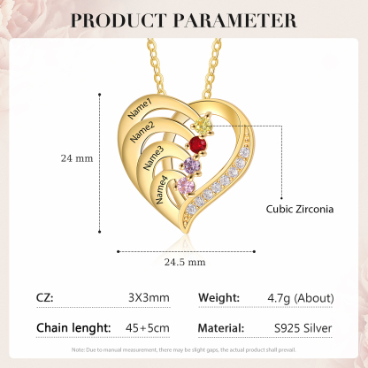 S925 Sterling Silber Personalisierte Herz Halskette 4 Namen und 4 Geburtssteine
