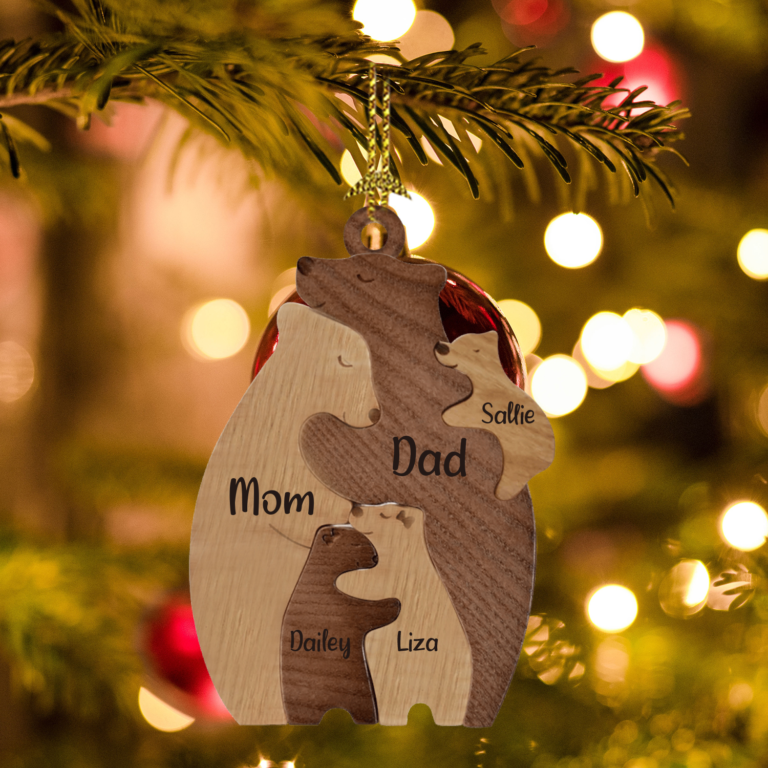 Holz Personalisierte 5 Namen Braunbär Weihnachtsornament mit 5 Familienmitgliedern