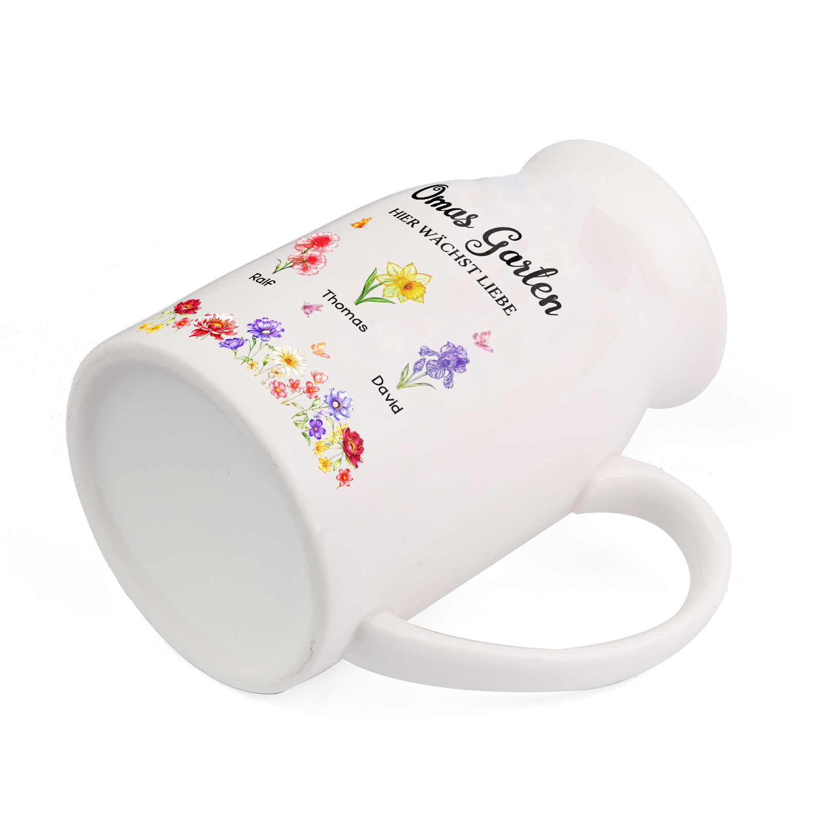 Personalisierte Keramikvase mit Blumenmotiv „Omas Garten“ individuell mit 1–10 Geburtsblumen und Namen