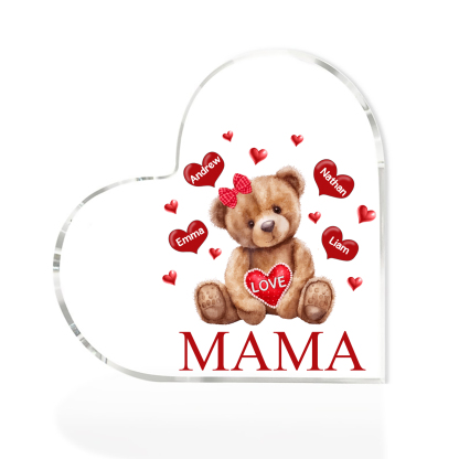 Personalisierte 4 Namen & Text Teddybär Herz Familie Acryl-Deko Schreibtischdekoration für Mutter