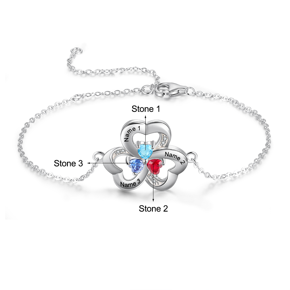 925 Sterling Silber Herzförmiges Armband mit 3Namen und 3 Geburtssteinen