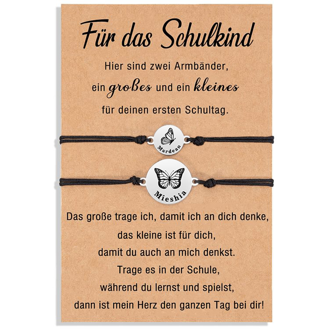 Personalisierte 2 Namen Schmetterling Armbänder Set mit 2 Ketten Gummiband -Für das Schulkind- Schulanfang Geschenk