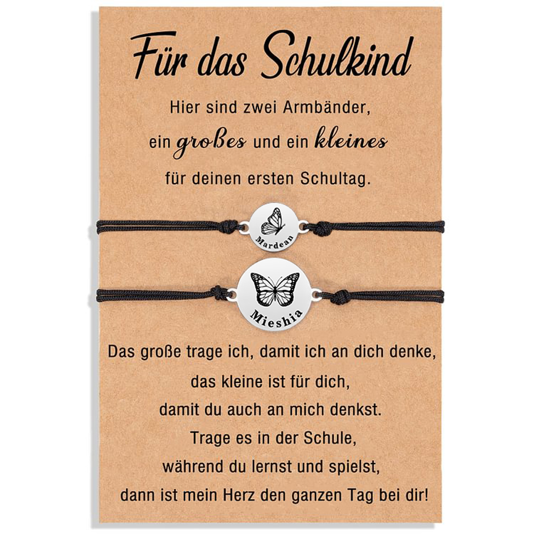 Personalisierte 2 Namen Schmetterling Armbänder Set mit 2 Ketten Gummiband -Für das Schulkind- Schulanfang Geschenk