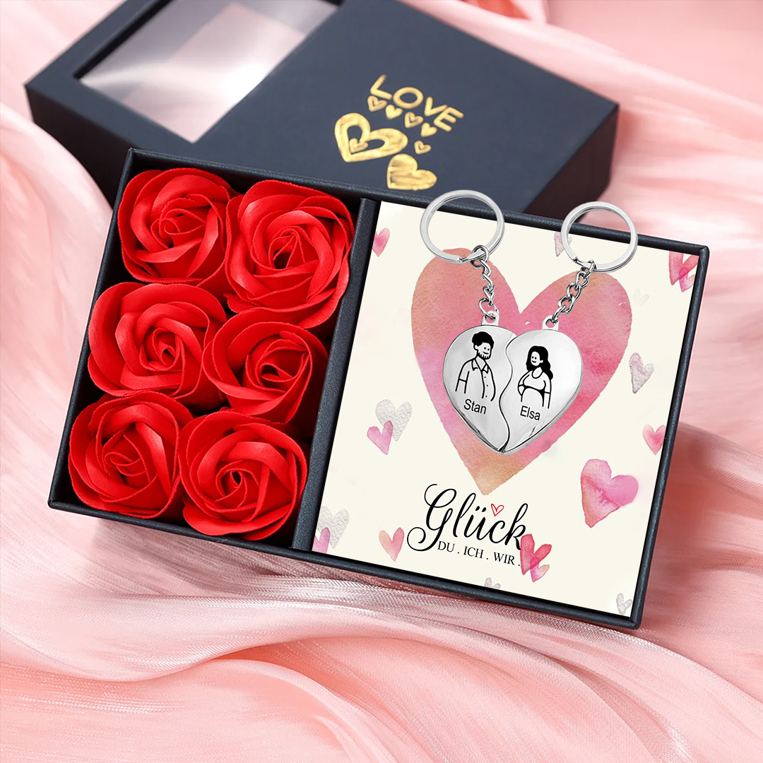 Personalisierbare 2 Namen Herz Ehepaar Paar Metall Schlüsselanhänger- Glück, Du, Ich, Wir-Geschenk mit Nachrichtenkarte 