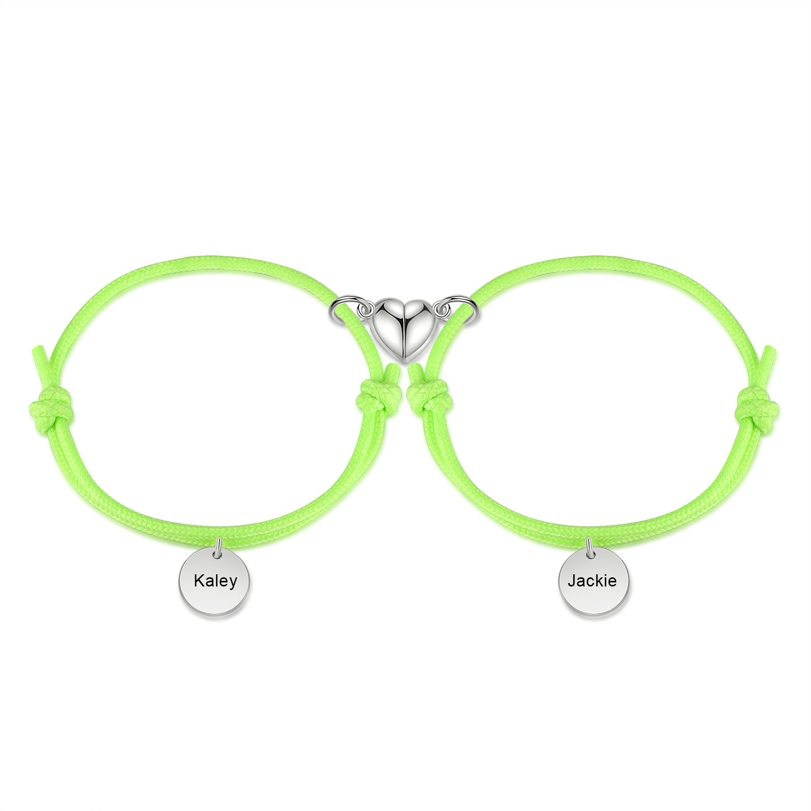 Personalisierte 2 Namen Paar Herz Magnet Fluoreszentes Grün Handseil Armbänder