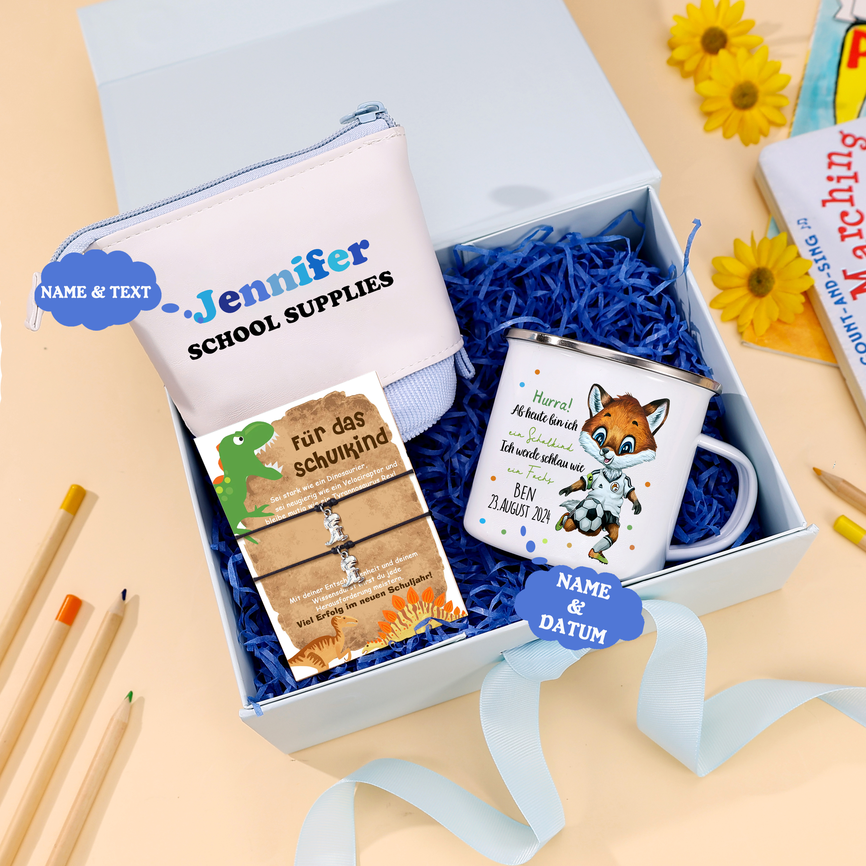 Schulanfang Geschenkset-Personalisierter Name & Datum Emaille Tasse & Personalisierte 2 Texte Stifteetui & Dino Armbänder Set - Geschenk für Schulkind mit Geschenk Box