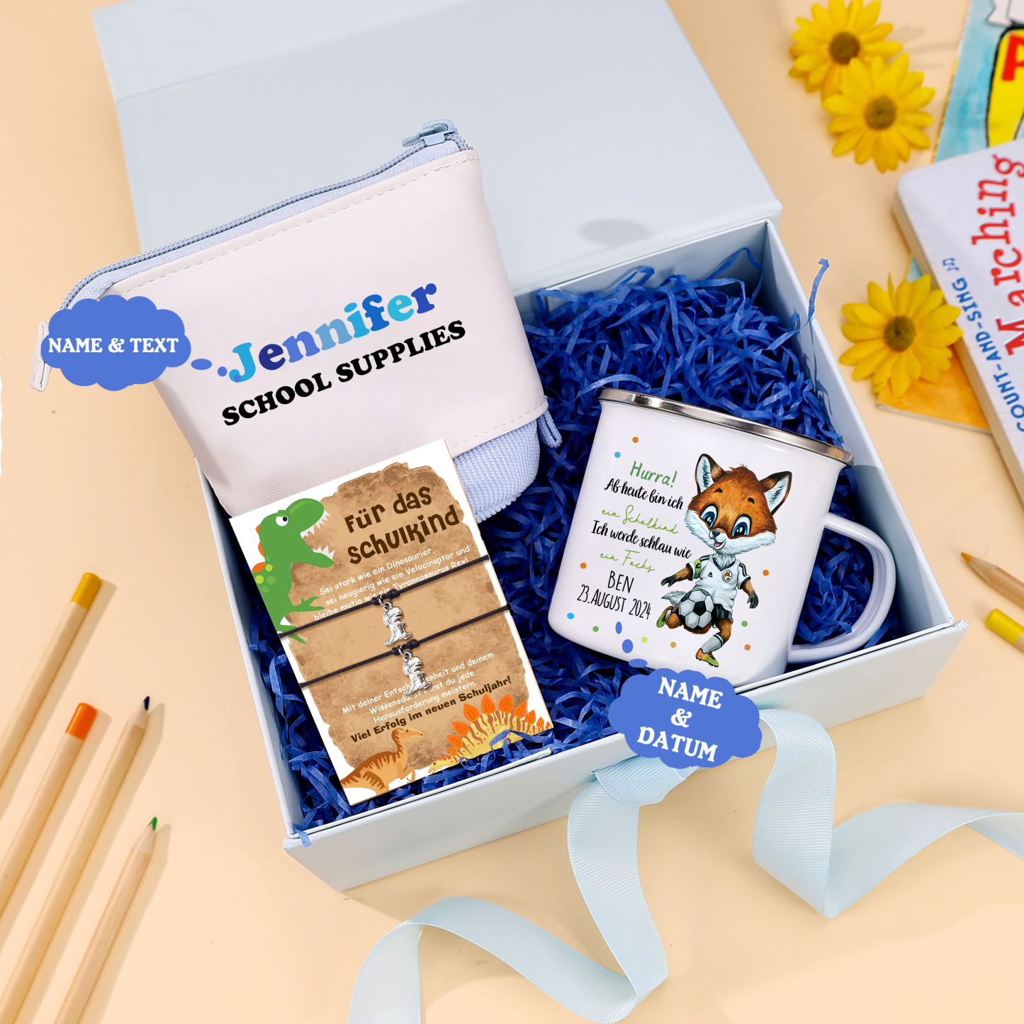 Schulanfang Geschenkset-Personalisierter Name & Datum Emaille Tasse & Personalisierte 2 Texte Stifteetui & Dino Armbänder Set - Geschenk für Schulkind mit Geschenk Box