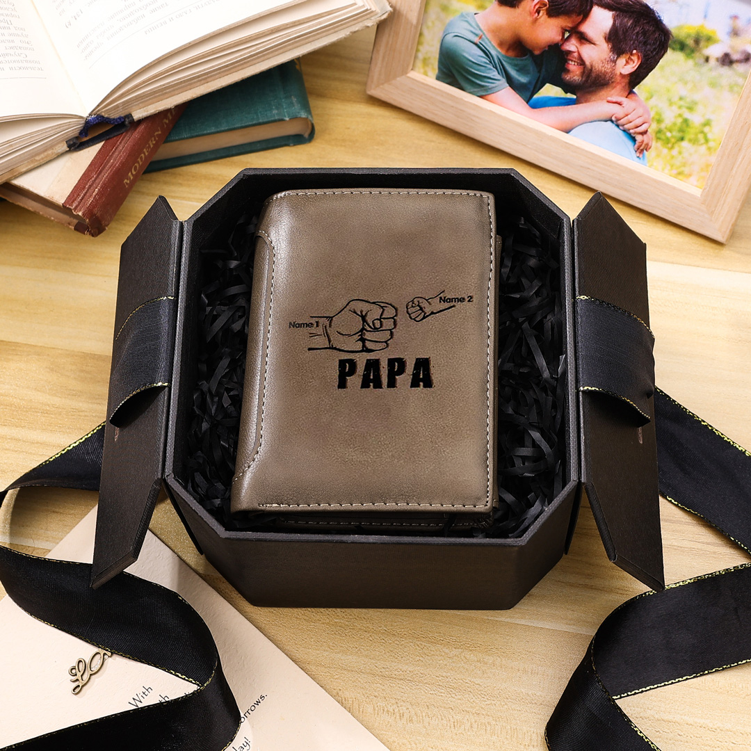 Herren Personalisierte 2 Namen & Text Leder Papa und Kind Geldbörse Geschenk für Vater