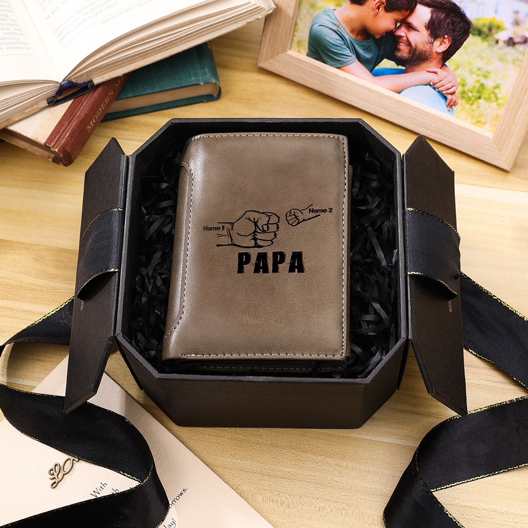 Herren Personalisierte 2 Namen & Text Leder Papa und Kind Geldbörse Geschenk für Vater