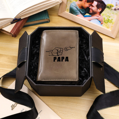Herren Personalisierte 2 Namen & Text Leder Papa und Kind Geldbörse Geschenk für Vater
