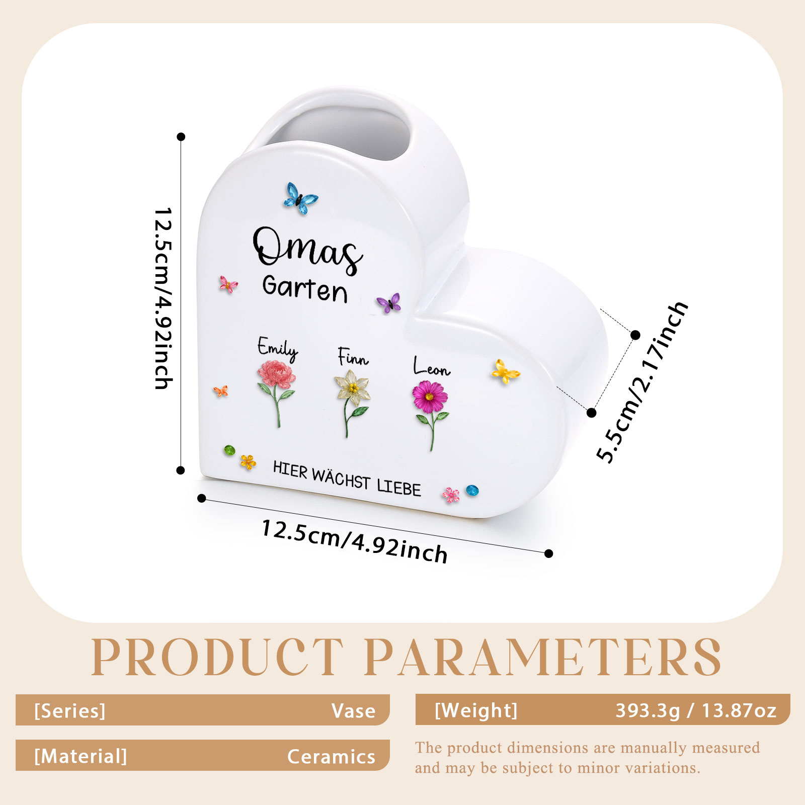 Personalisierte Keramikvase mit Herzmotiv, 1–10 Vornamen und Geburtsblumen Familiengeschenk für Mama oder Oma