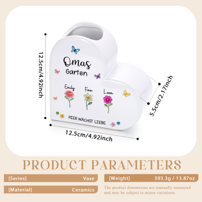 Personalisierte Keramikvase mit Herzmotiv, 1–10 Vornamen und Geburtsblumen Familiengeschenk für Mama oder Oma