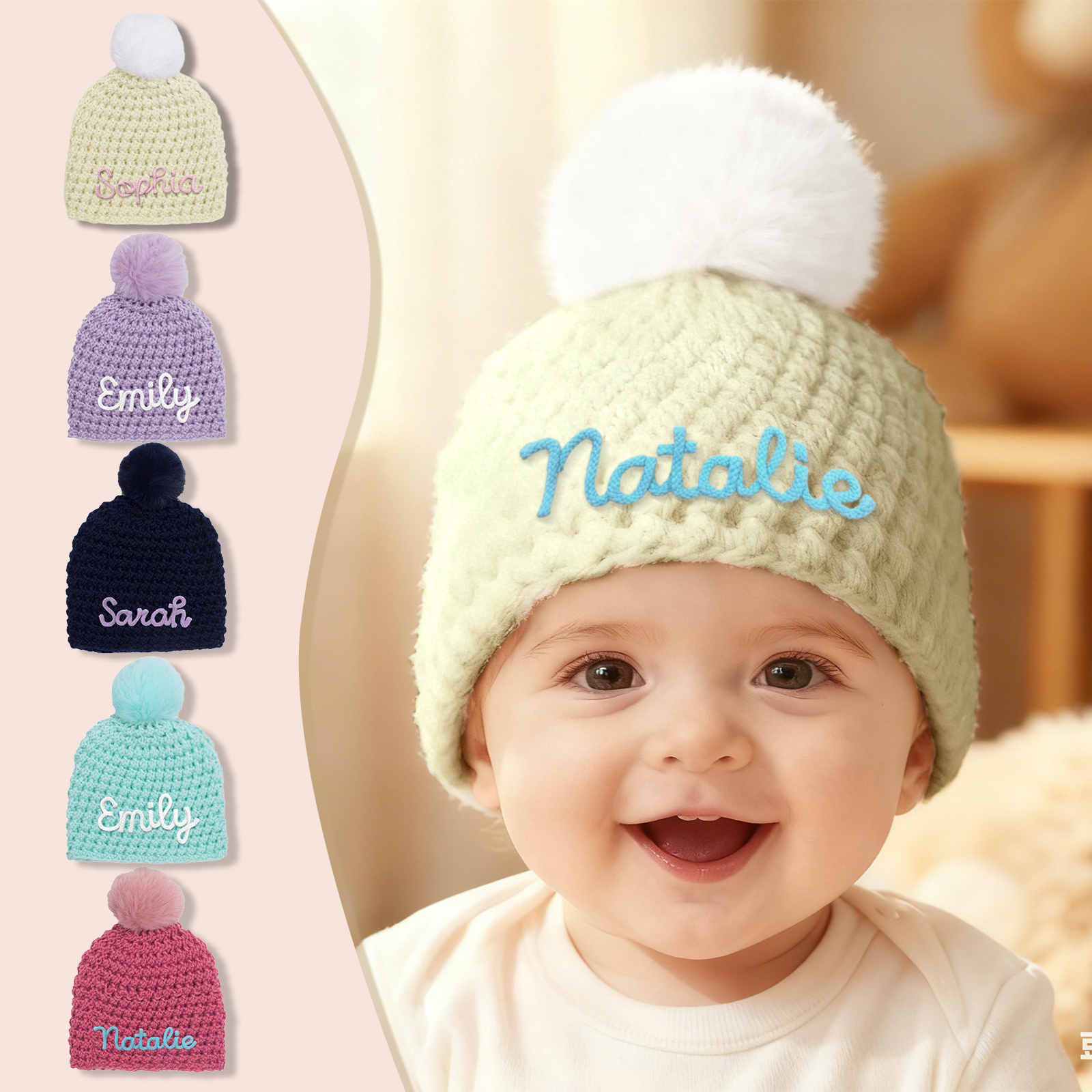 Personalisierte Baby-Strickmütze mit Pompon – handbestickte Wintermütze für Kinder