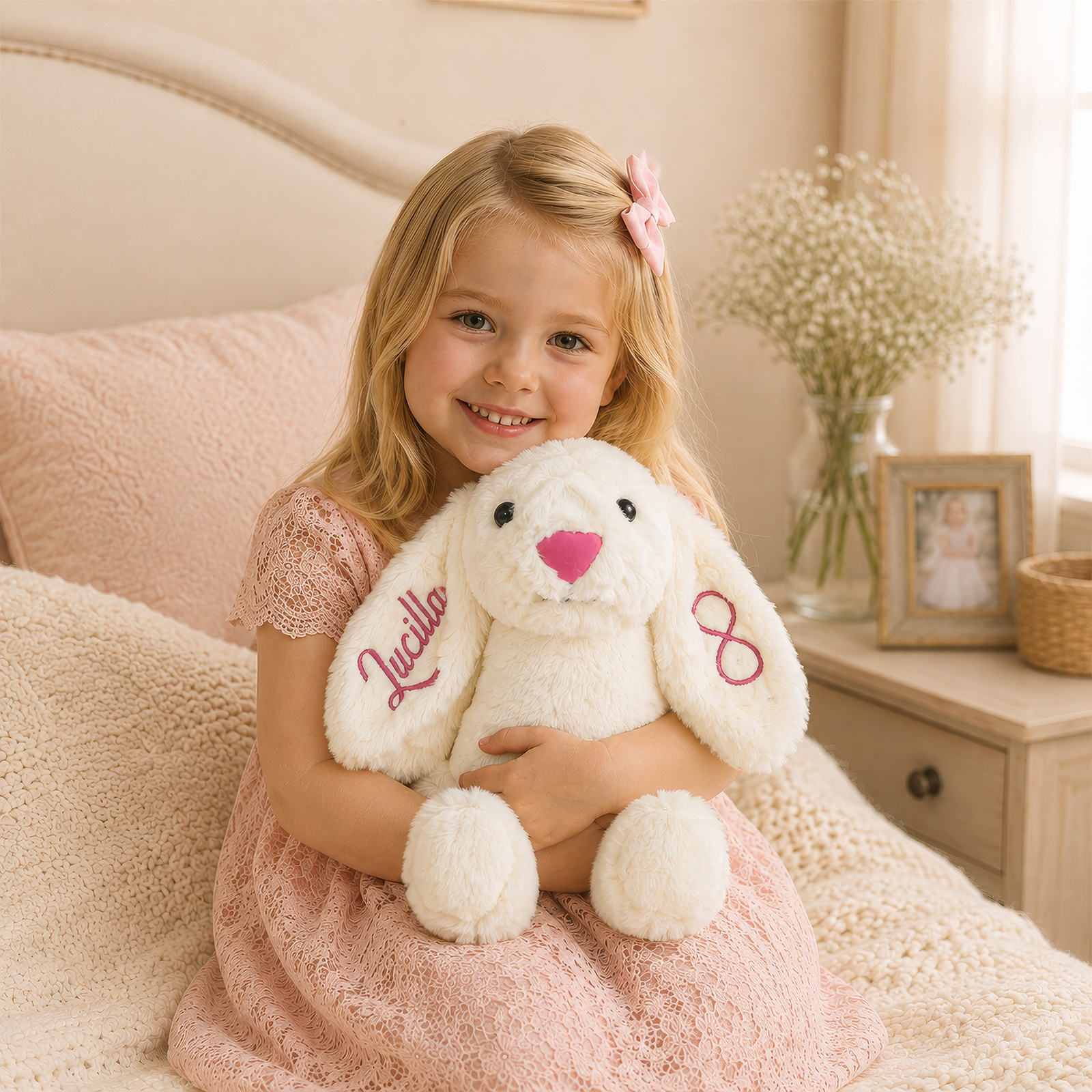 Personalisierter Plüschhase mit gesticktem Namen und Wunschmotiv Geschenk für Kinder und Enkelkinder